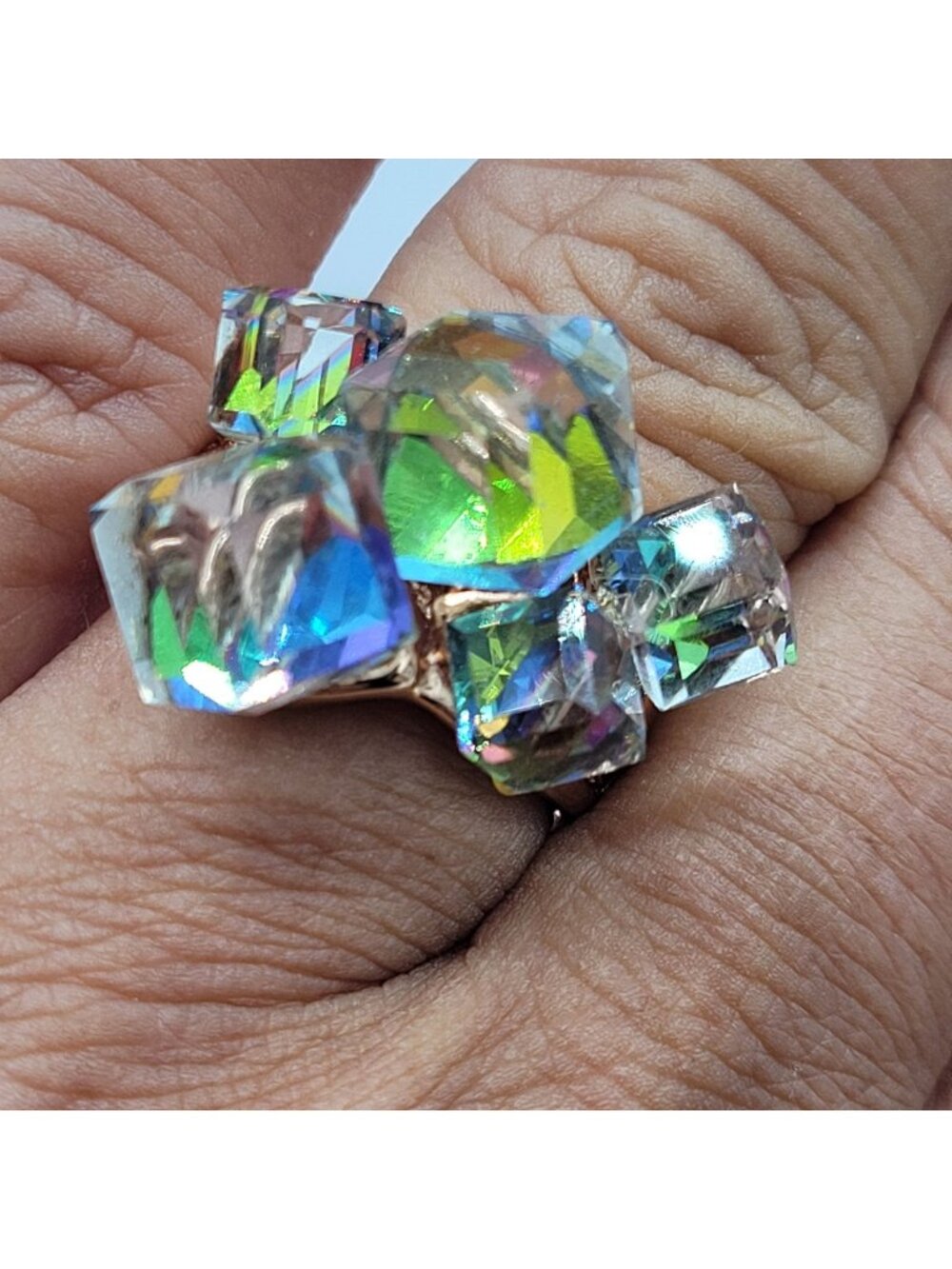 Cubed Crystal Chunky Ring Clear Vitrail Changes Colors On Rose Gold Tone Sz 8